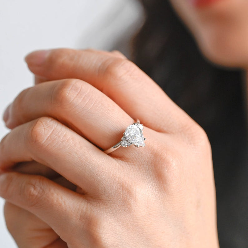 Stunning 1.0 - 2.0 CT Pear Moissanite Engagement Ring with Cluster Design 6