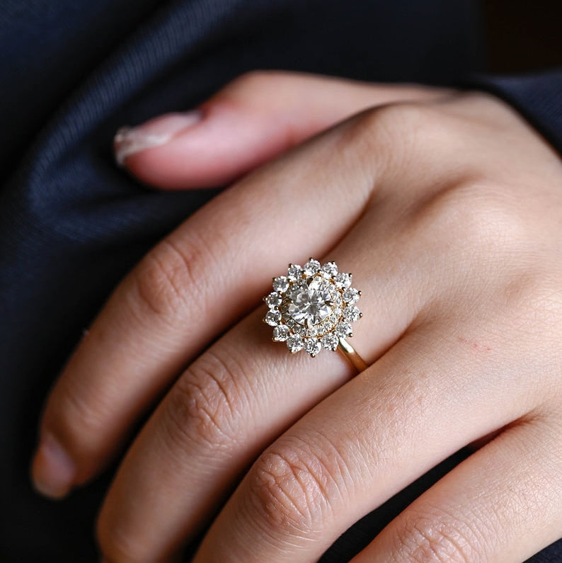 Stunning 0.5 - 1.5 CT Round Moissanite Engagement Ring with Double Halo Design 6