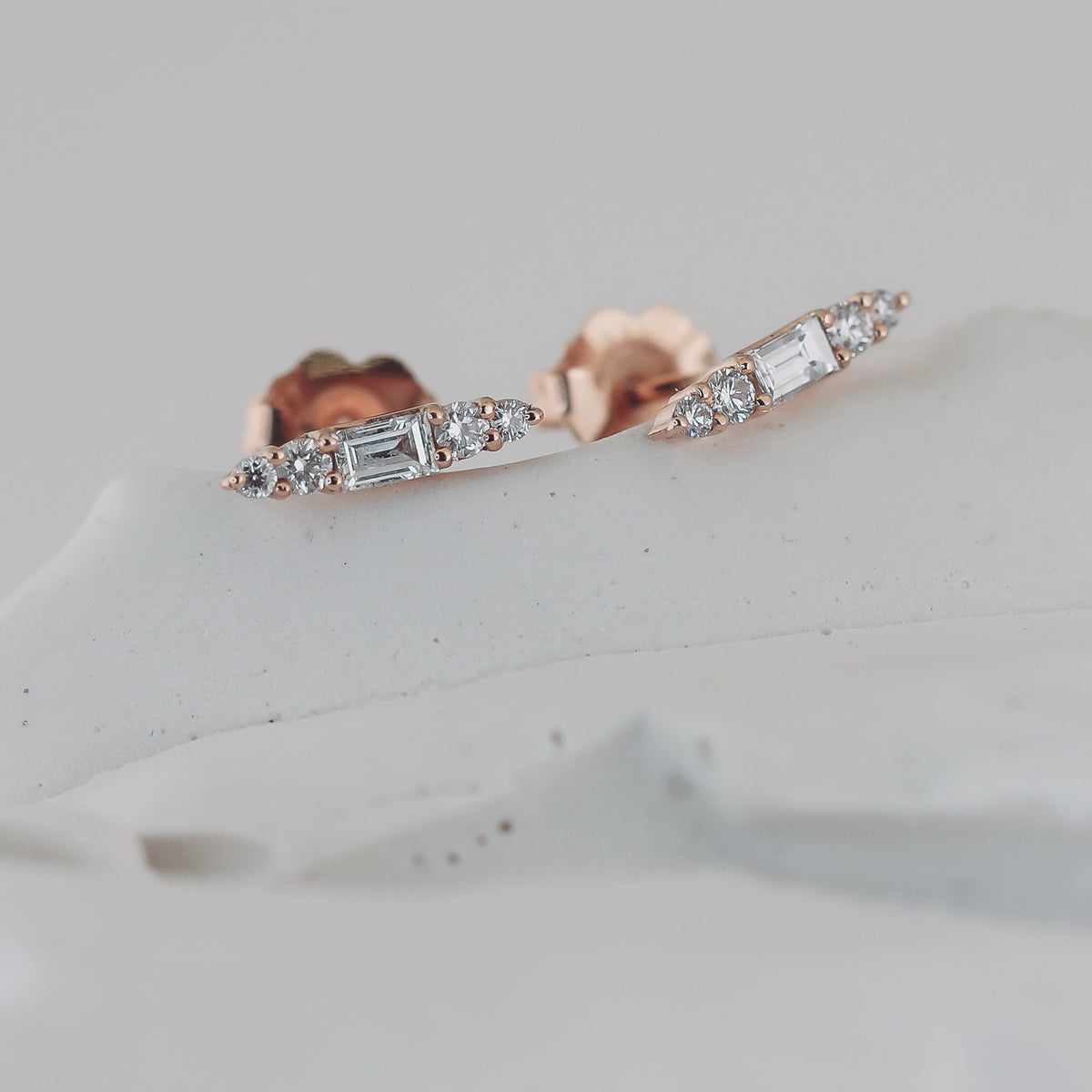 0.15 TCW Baguette & Round Cut Moissanite Stud Earrings