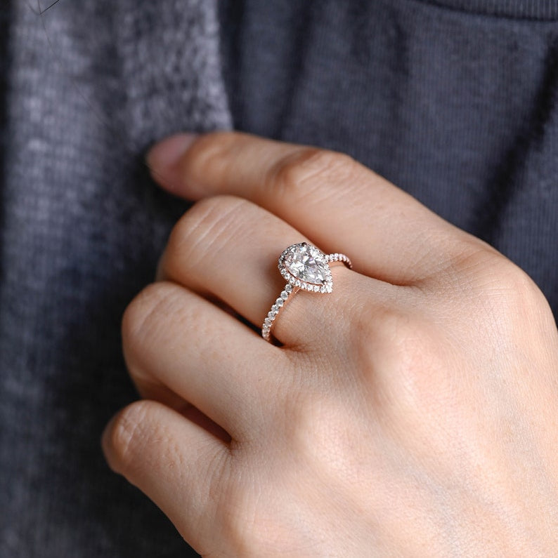 Stunning 1.0 - 2.0 CT Pear Moissanite Engagement Ring with Pave & Halo Design 4