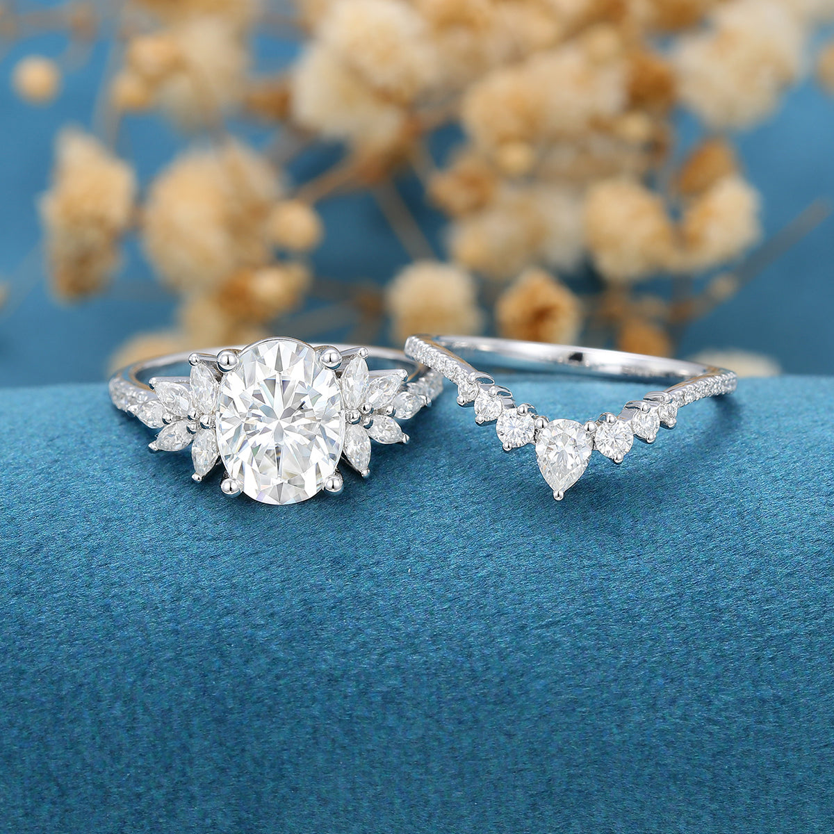 1.33 CT Oval Shaped Moissanite Cluster Bridal Set