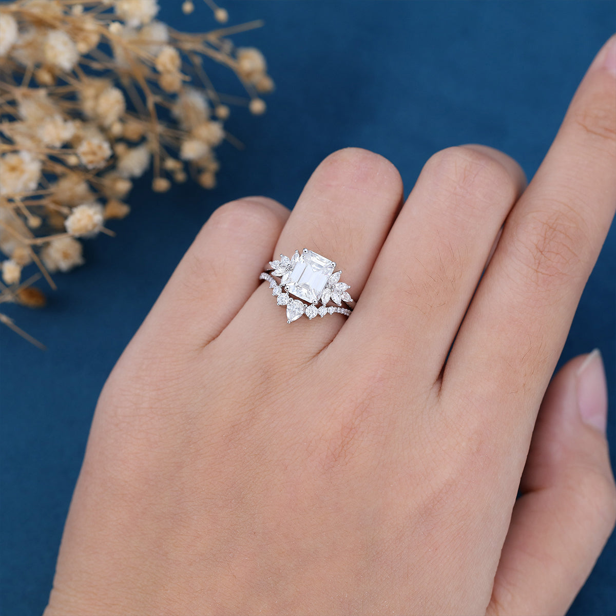 1.60 CT Emerald Shaped Moissanite Cluster Bridal Set