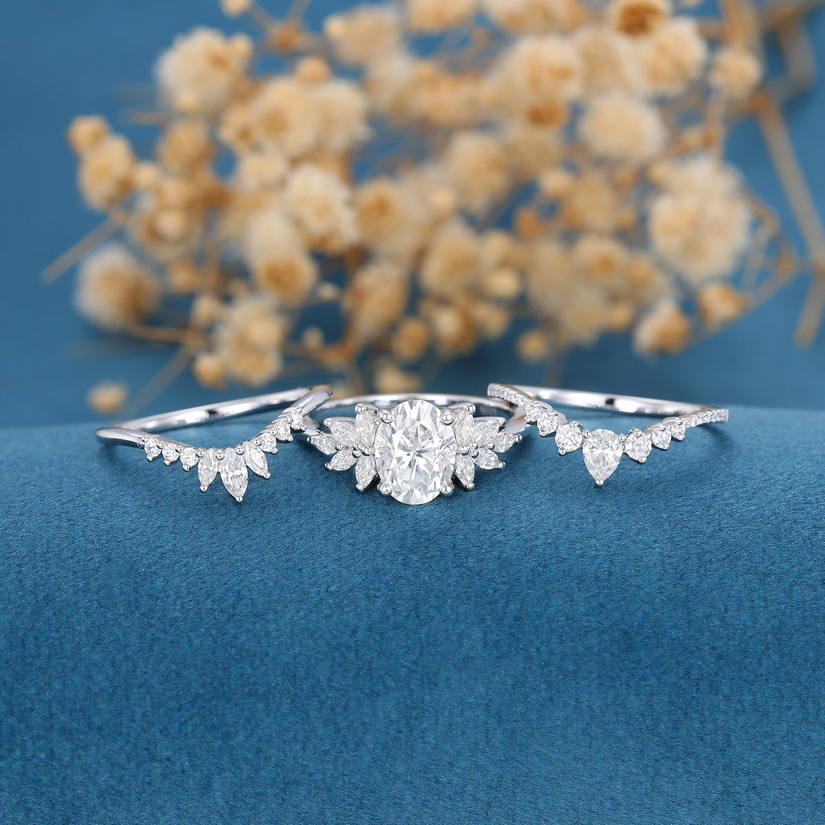 1.33 CT Oval Shaped Moissanite Cluster Bridal Set