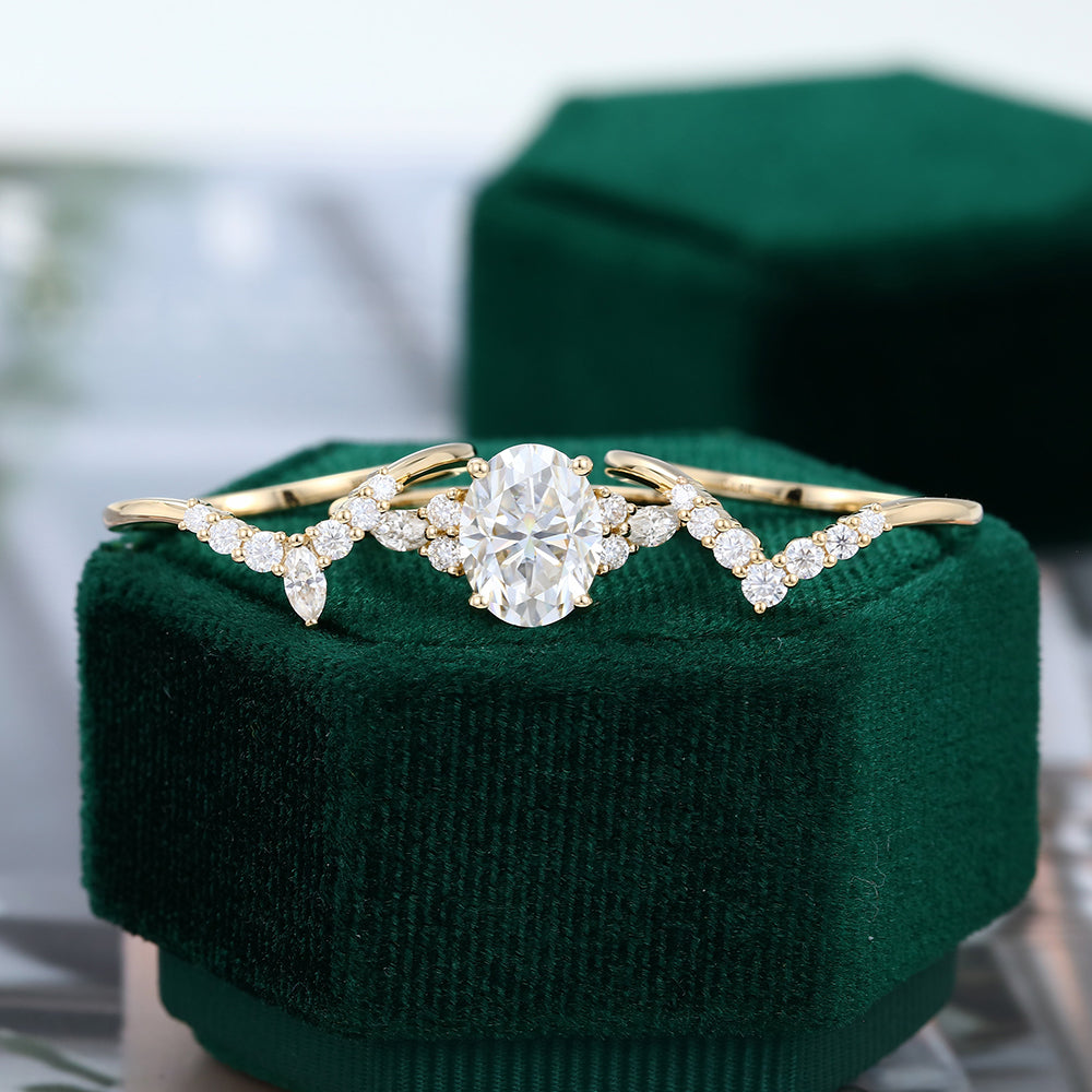 1.91 CT Oval Moissanite Cluster Bridal Ring Set