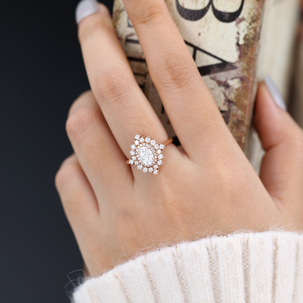 1.33 CT Oval Shaped Moissanite Cluster Halo Engagement Ring