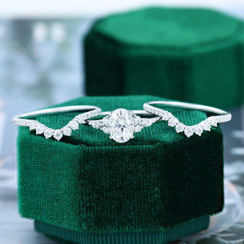 1.33 CT Oval Moissanite Cluster Bridal Ring Set