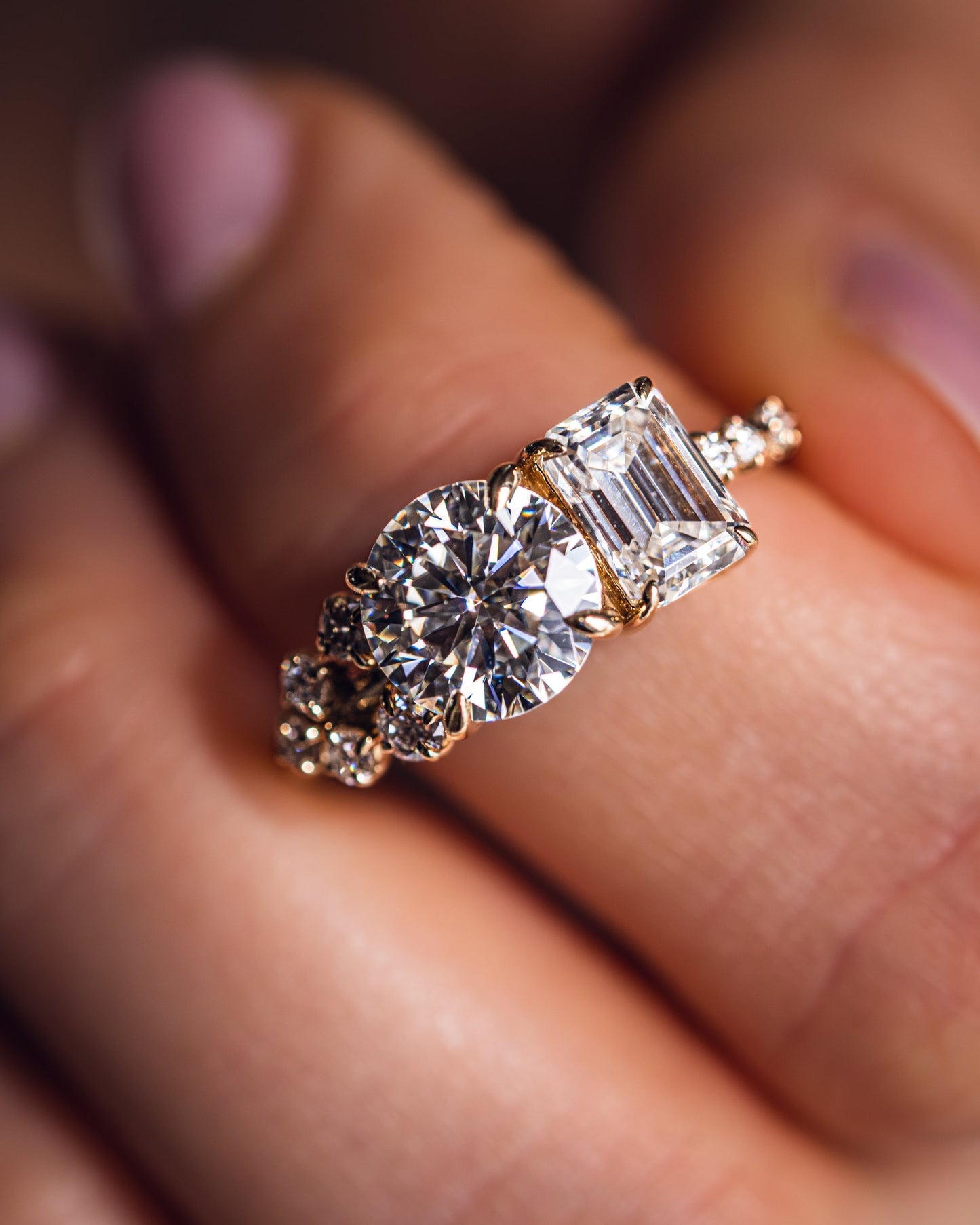 2.80 CT Emerald & Round Cut Two Stone Moissanite Engagement Ring