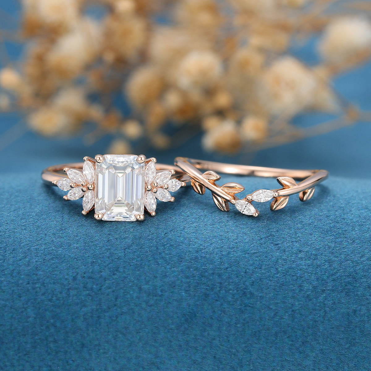 1.60 CT Emerald Shaped Moissanite Cluster Bridal Set