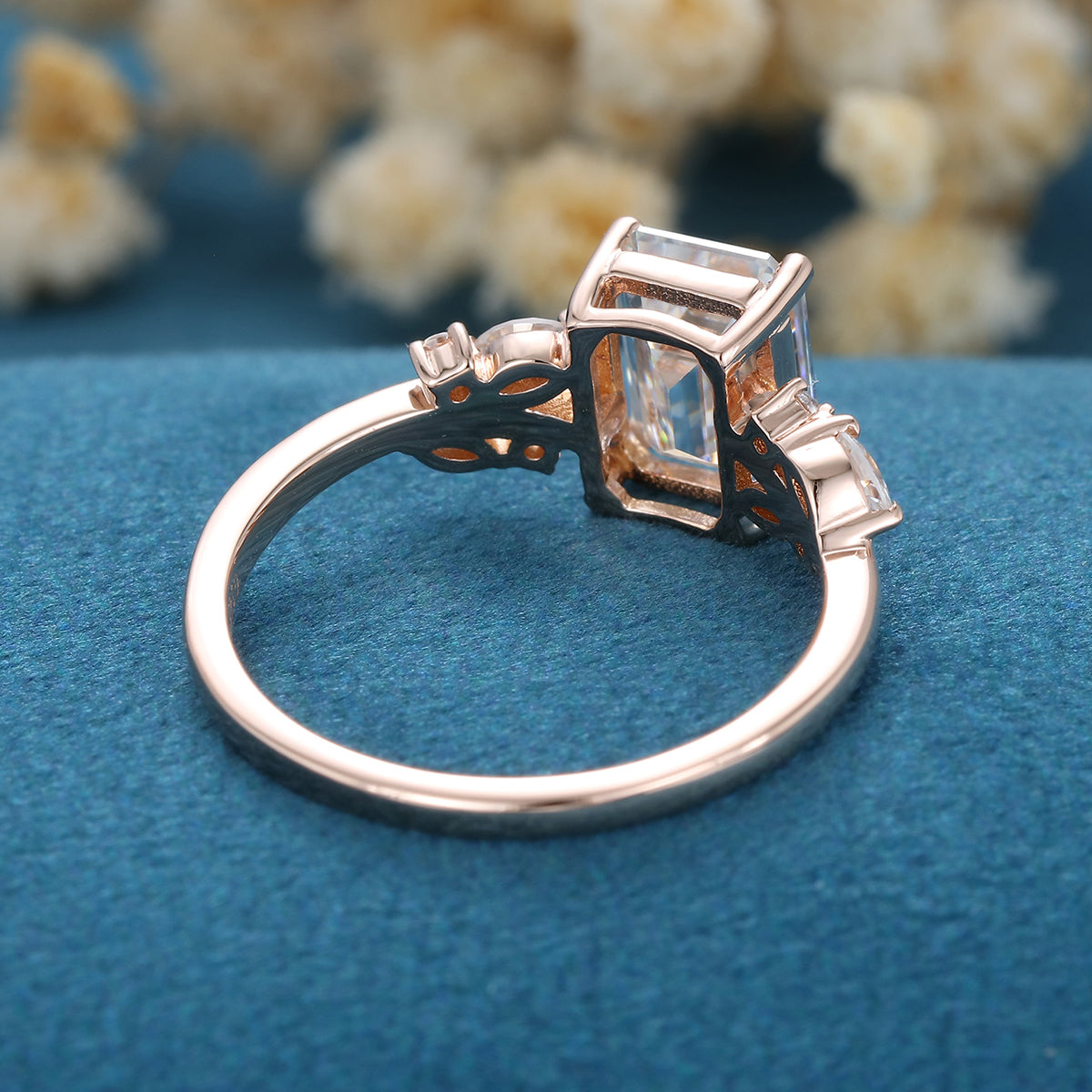 1.60 CT Emerald Shaped Moissanite Cluster Engagement Ring