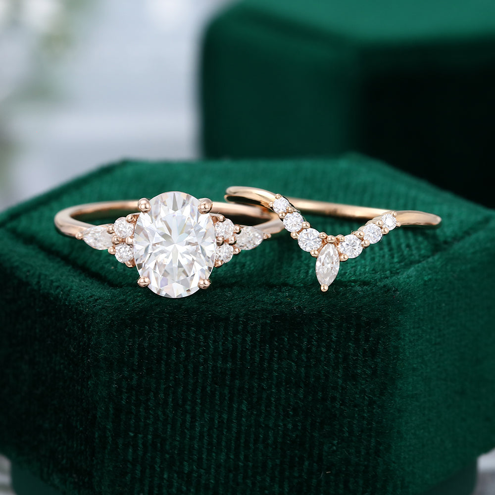 1.91 CT Oval Moissanite Cluster Bridal Ring Set