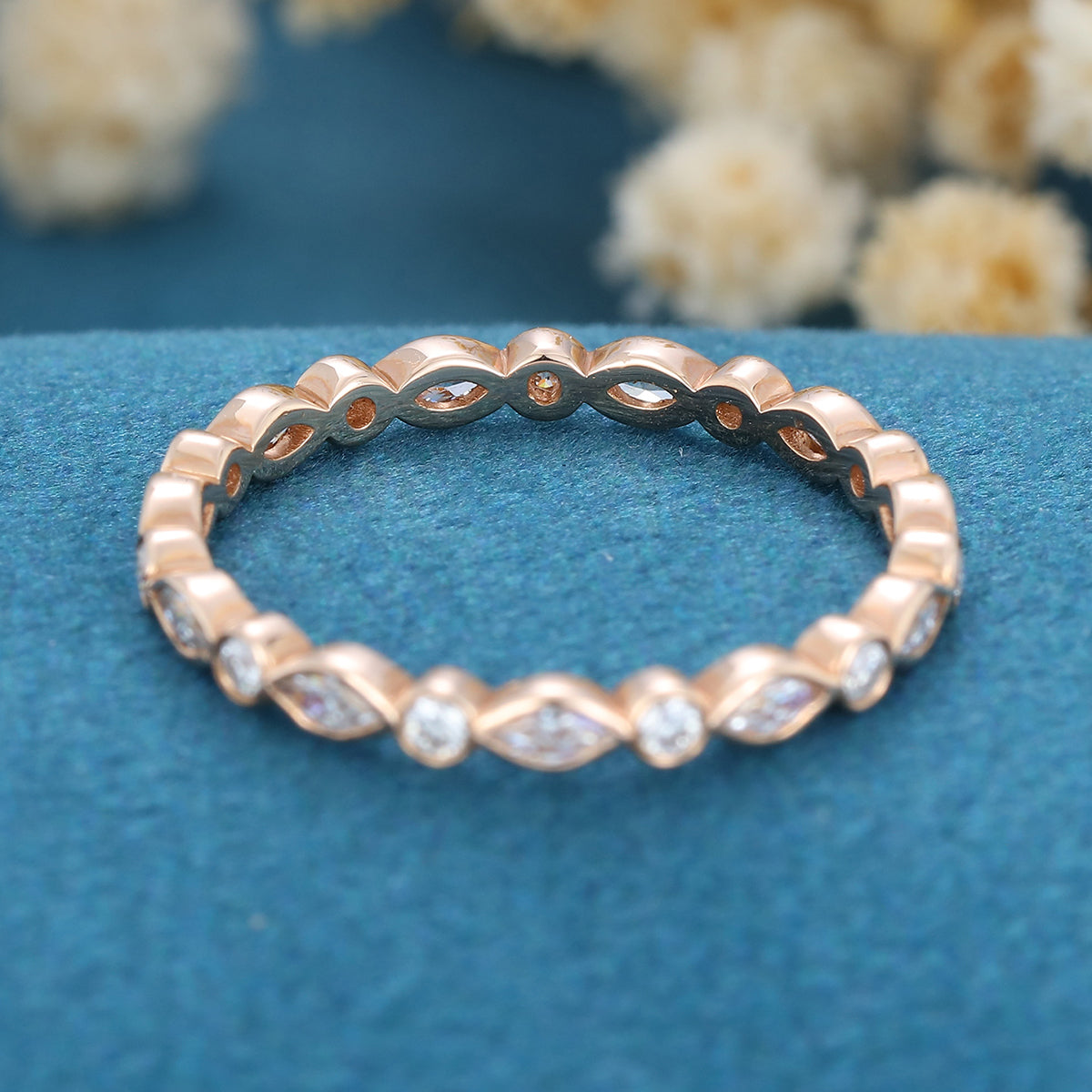 1.30 CT Round & Marquise Shaped Moissanite Bezel Wedding Band