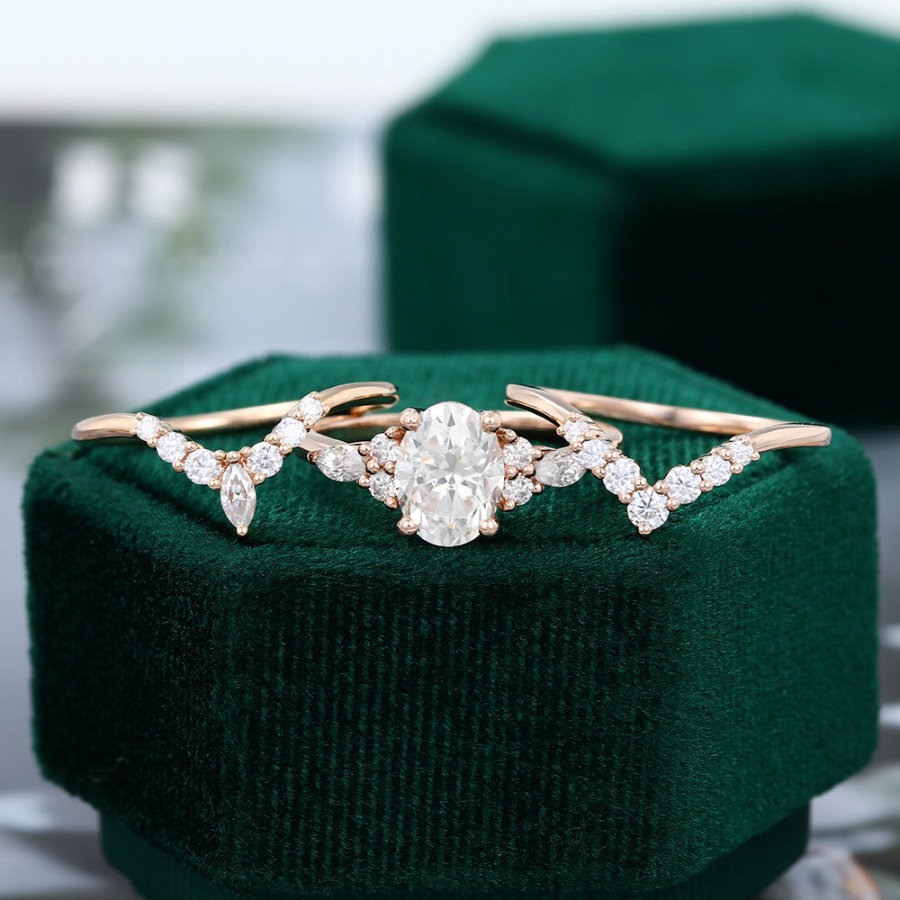 1.33 CT Oval Moissanite Art Deco Style Bridal Ring Set