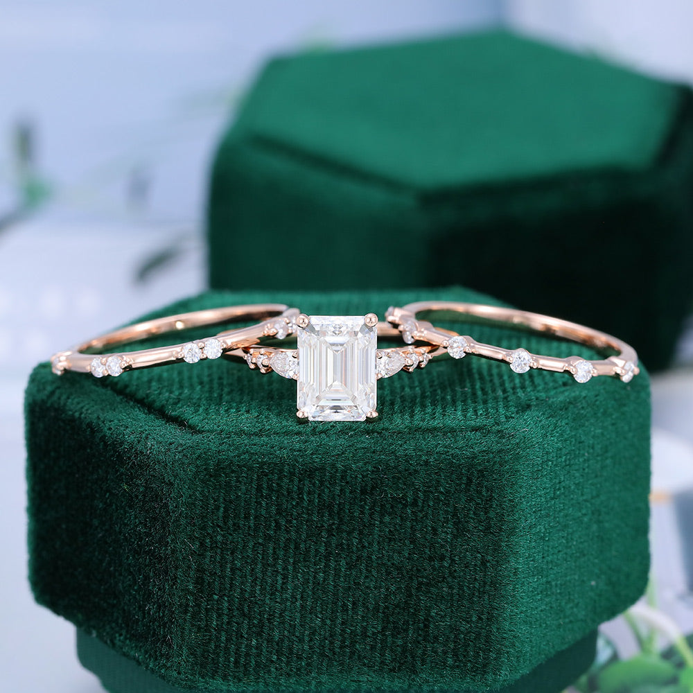 1.60 CT Emerald Moissanite Three Stone Bridal Ring Set