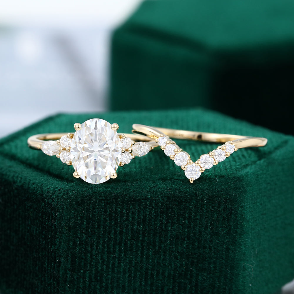 1.91 CT Oval Moissanite Cluster Bridal Ring Set