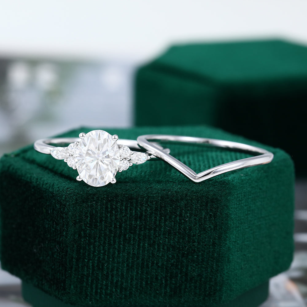1.91 CT Oval Moissanite Cluster Bridal Ring Set