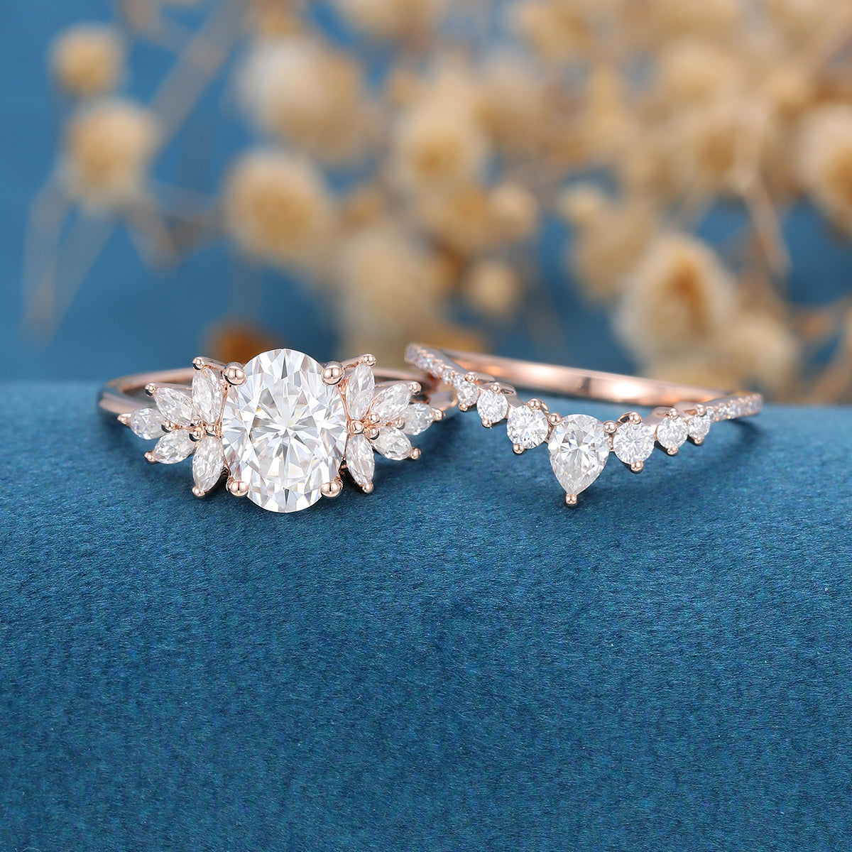 1.33 CT Oval Shaped Moissanite Cluster Bridal Set