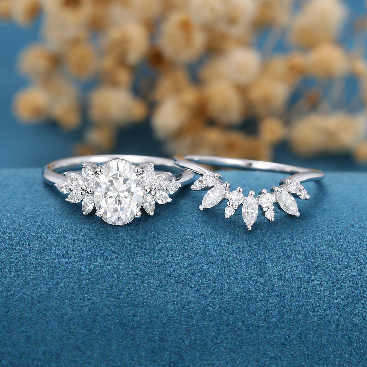 1.33 CT Oval Shaped Moissanite Cluster Bridal Set