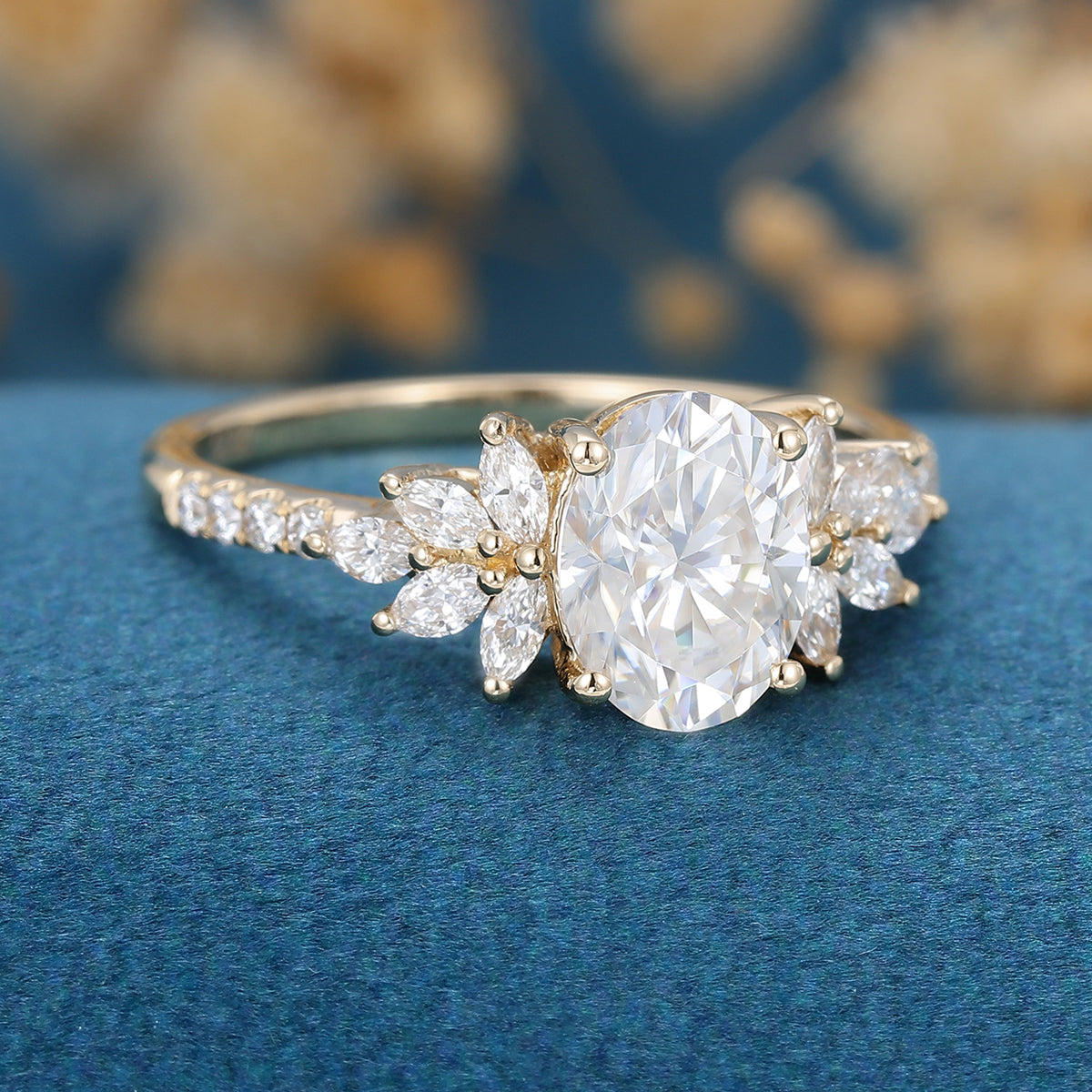 1.33 CT Oval Shaped Moissanite Cluster Engagement Ring