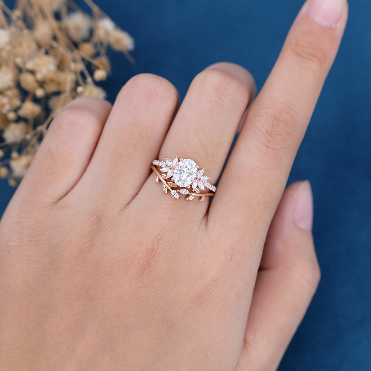 1.33 CT Oval Shaped Moissanite Cluster Bridal Set