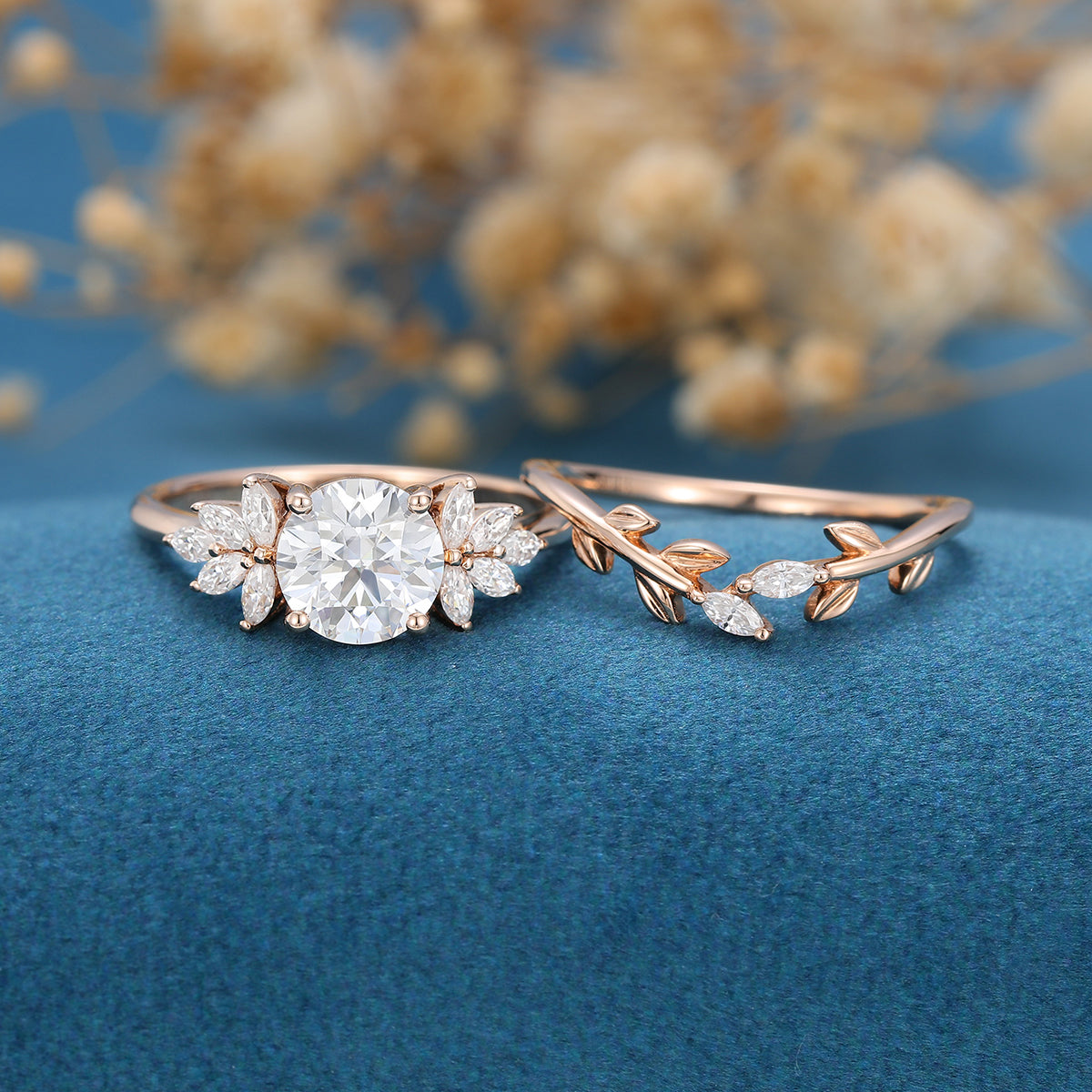 1.1 CT Round Shaped Moissanite Cluster Bridal Set