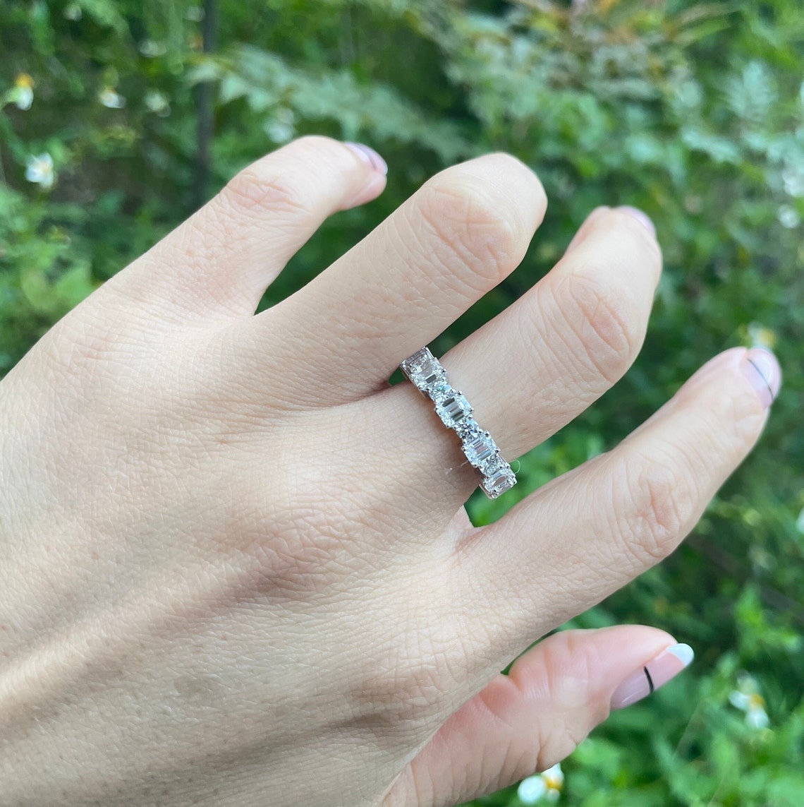 0.7 TCW Emerald & Round Full Eternity Lab Grown Diamond Wedding Band