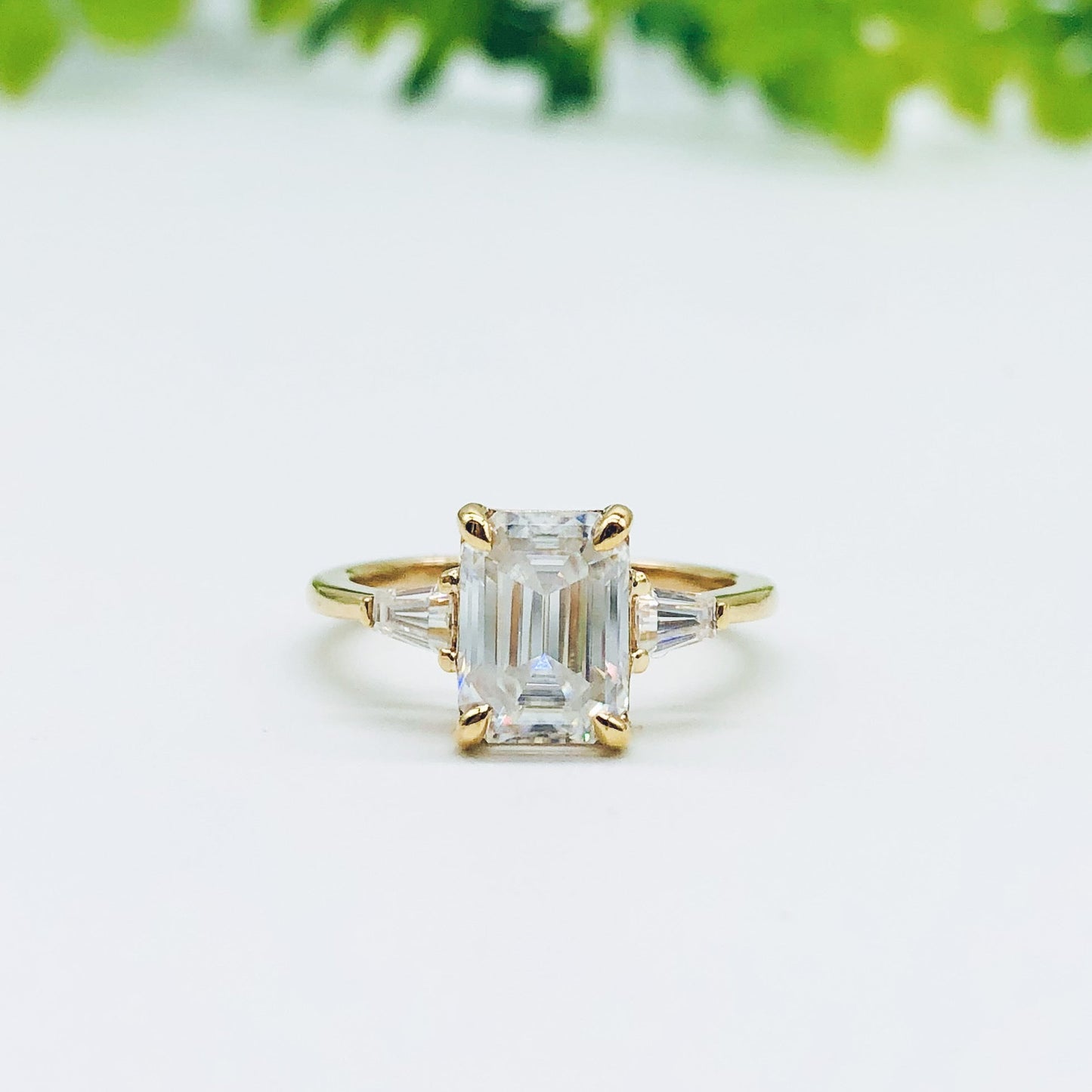 1.9 CT Emerald Cut Three Stone Moissanite Engagement Ring