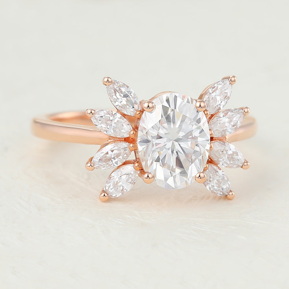 1.33 CT Oval Shaped Moissanite Cluster Engagement Ring