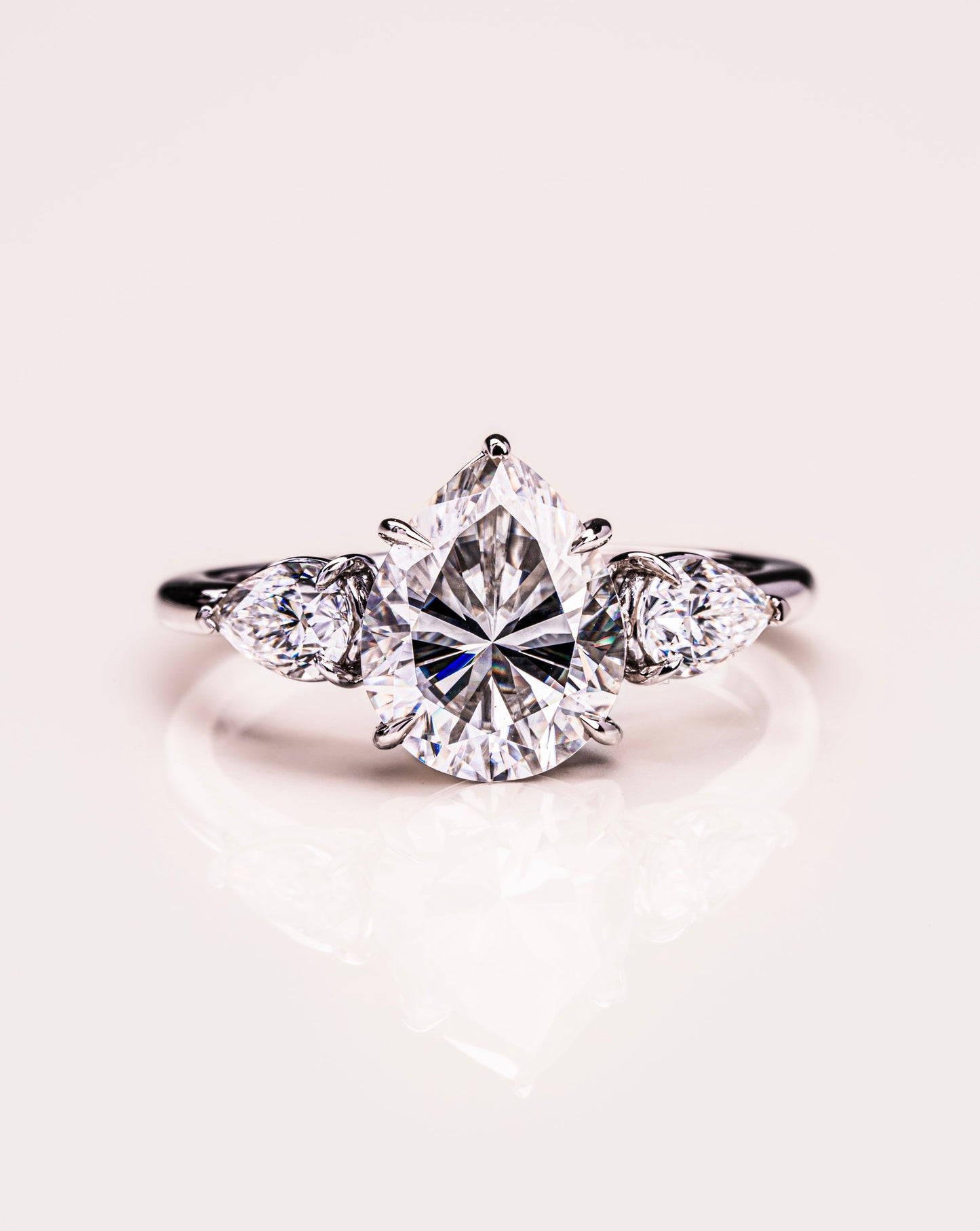 3.09 CT Pear Cut Three Stone Moissanite Engagement Ring