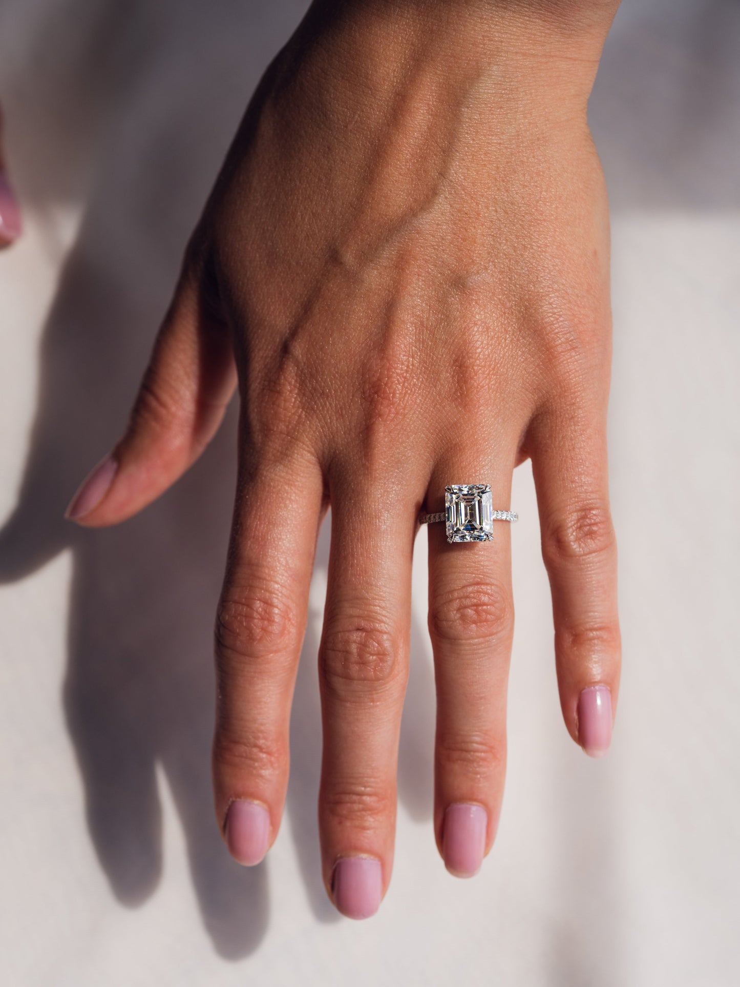 3.42 CT Emerald Cut Solitaire Moissanite Engagement Ring With Hidden Halo Setting