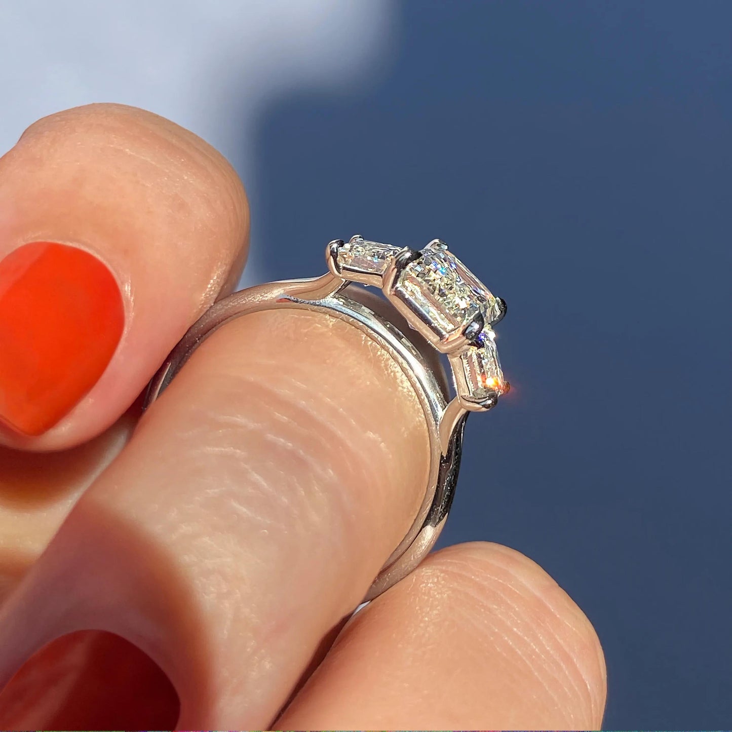 1.91 CT Emerald Cut Three Stone Moissanite Engagement Ring