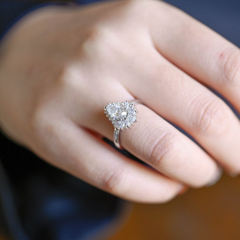 Stunning 1.0 - 2.0 CT Pear Moissanite Engagement Ring with Cluster Design 2