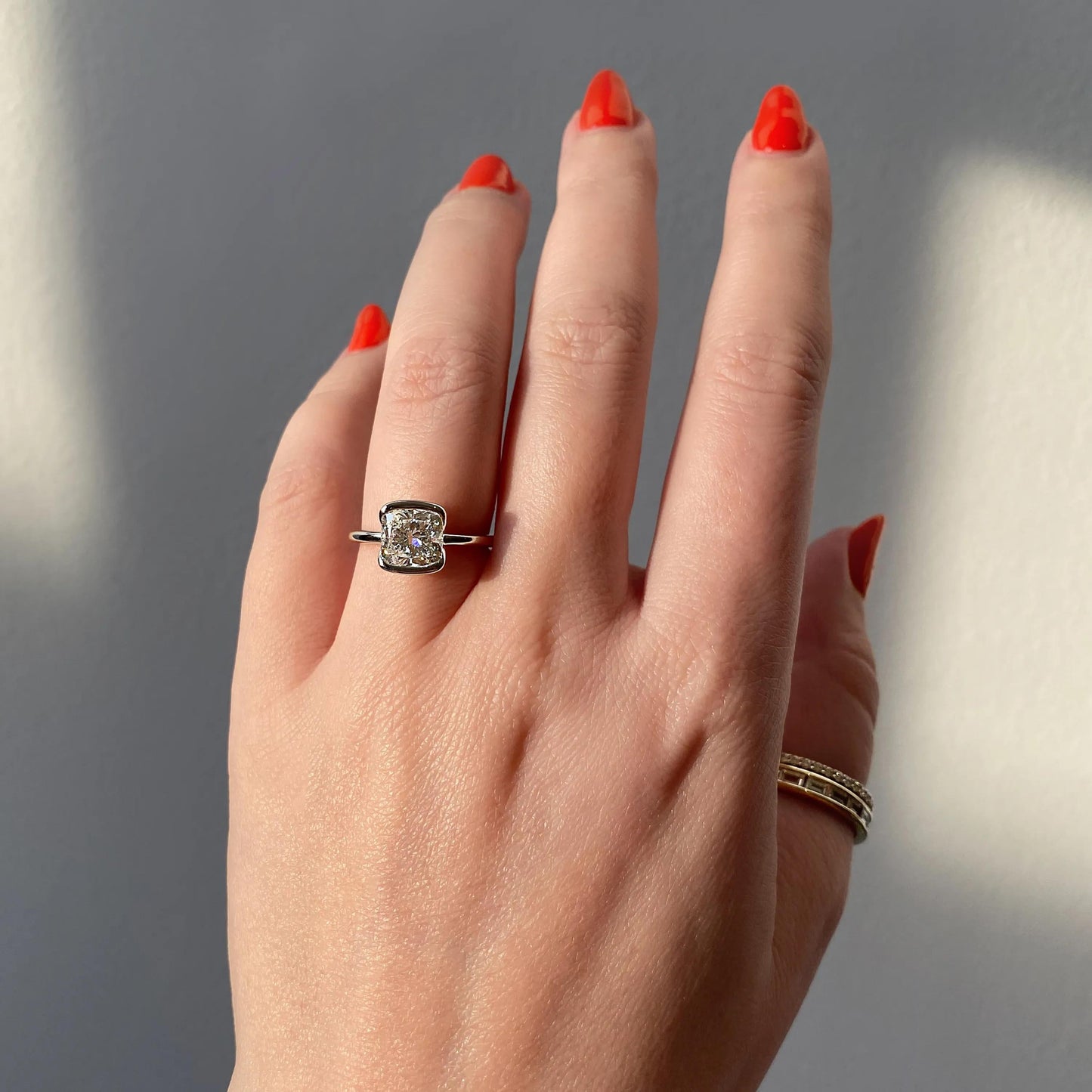 2.15 CT Cushion Half Bezel Solitaire Moissanite Engagement Ring