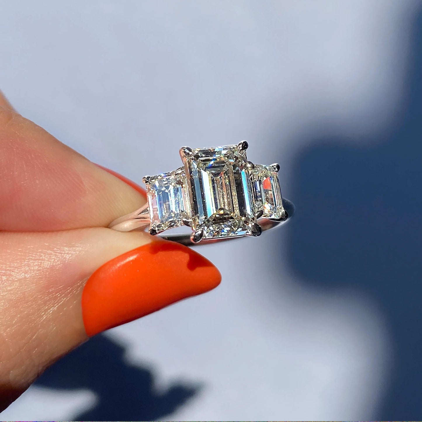 1.91 CT Emerald Cut Three Stone Moissanite Engagement Ring