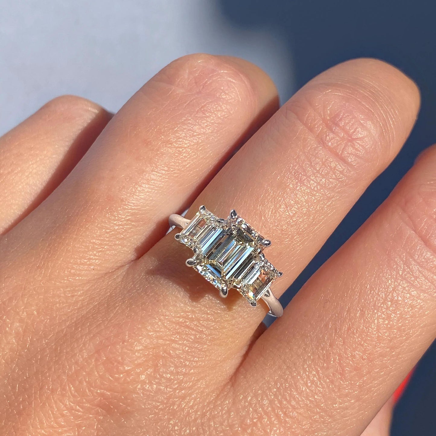 1.91 CT Emerald Cut Three Stone Moissanite Engagement Ring