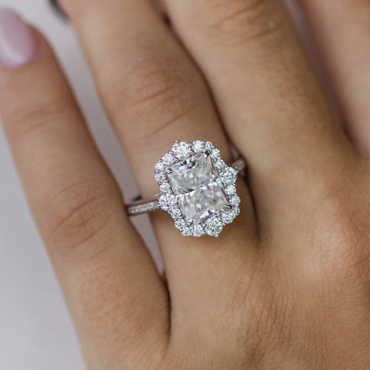 3.4 CT Radiant Halo & Pave Moissanite Engagement Ring