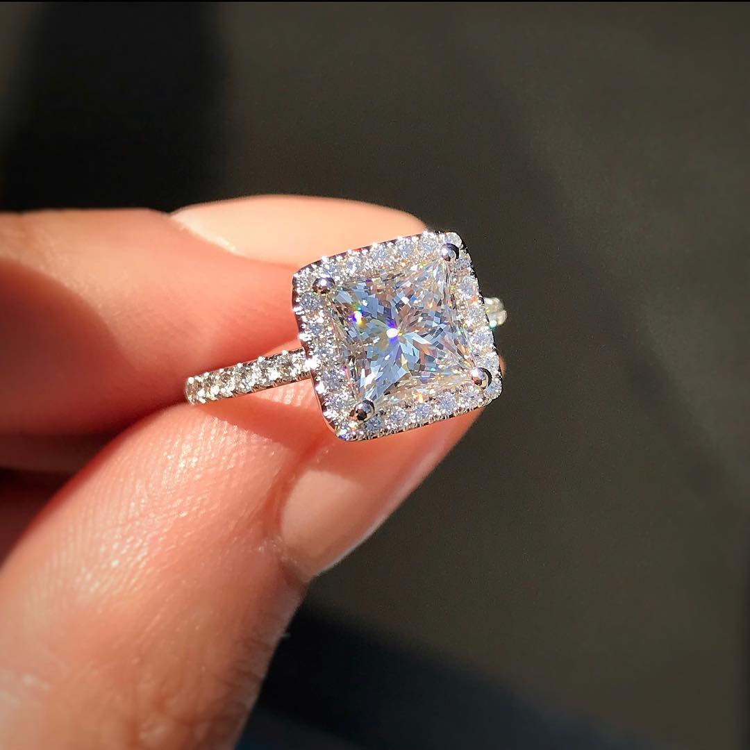 2.0 CT Princess Cut Halo Style Moissanite Engagement Ring