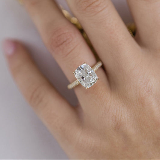 3.2 CT Elongated Cushion Hidden Halo & Pave Moissanite Engagement Ring