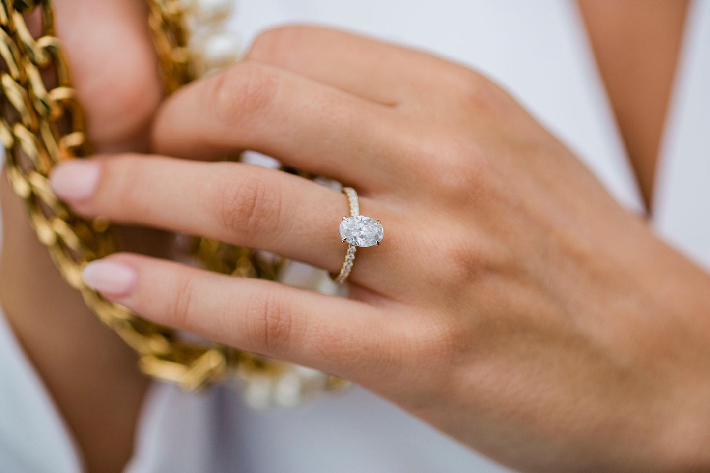 1.85 CT Oval Solitaire Hidden Halo & Pave Moissanite Engagement Ring