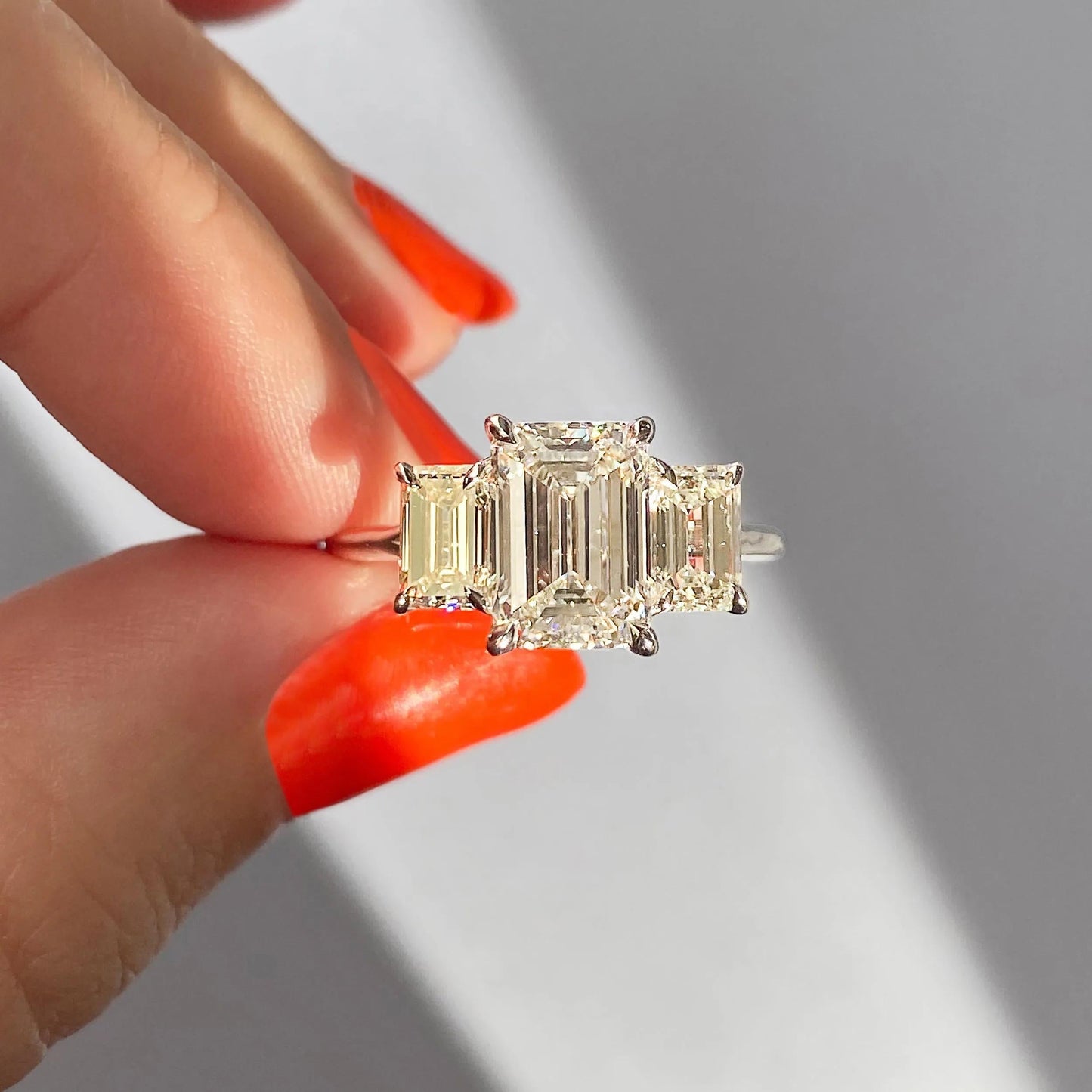 1.91 CT Emerald Cut Three Stone Moissanite Engagement Ring