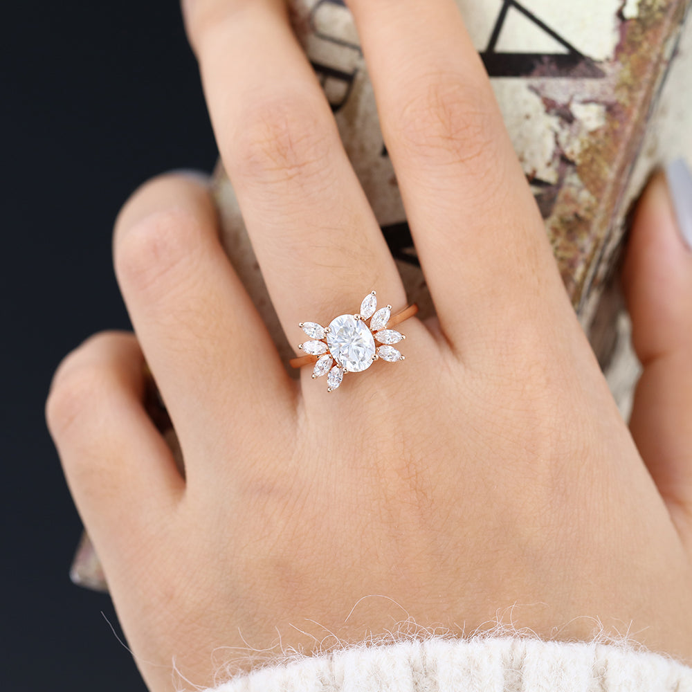 1.33 CT Oval Shaped Moissanite Cluster Engagement Ring