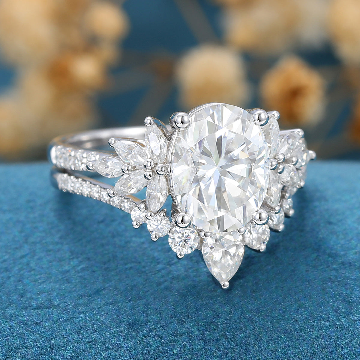 1.33 CT Oval Shaped Moissanite Cluster Bridal Set