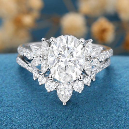 1.33 CT Oval Shaped Moissanite Cluster Bridal Set