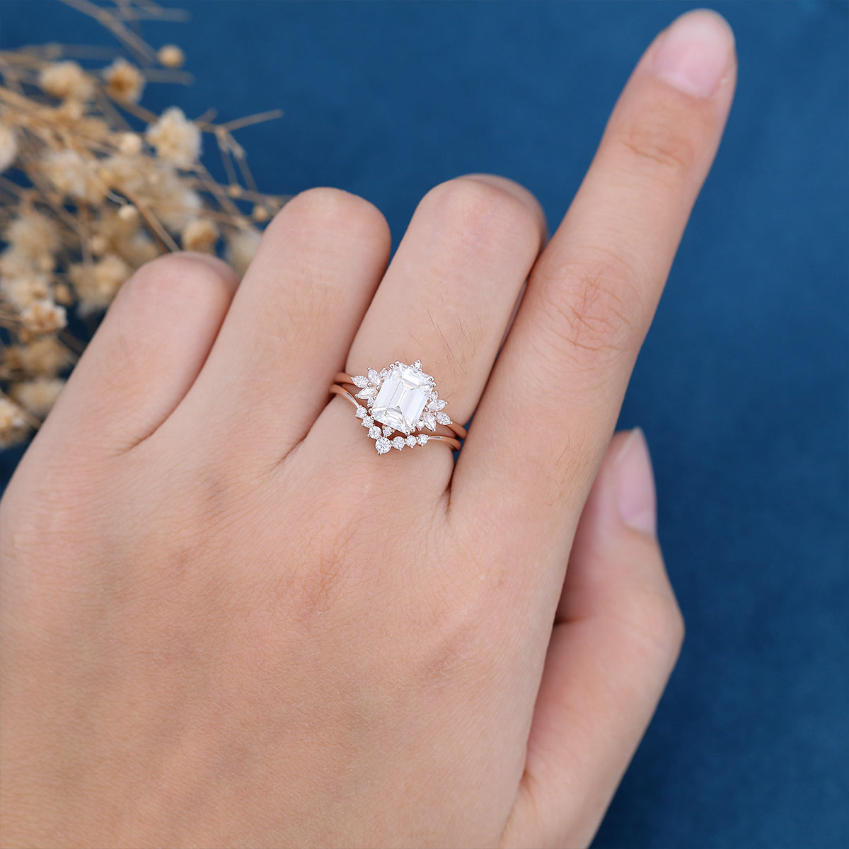 1.60 CT Emerald Shaped Moissanite Cluster Bridal Set