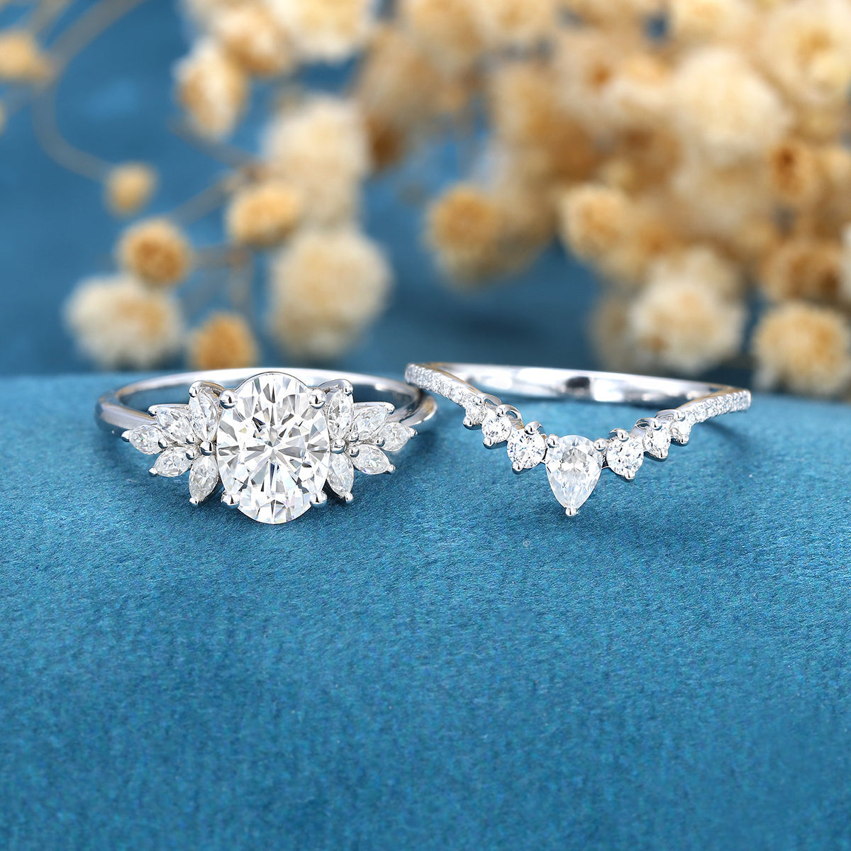 1.91 CT Oval Shaped Moissanite Cluster Bridal Set