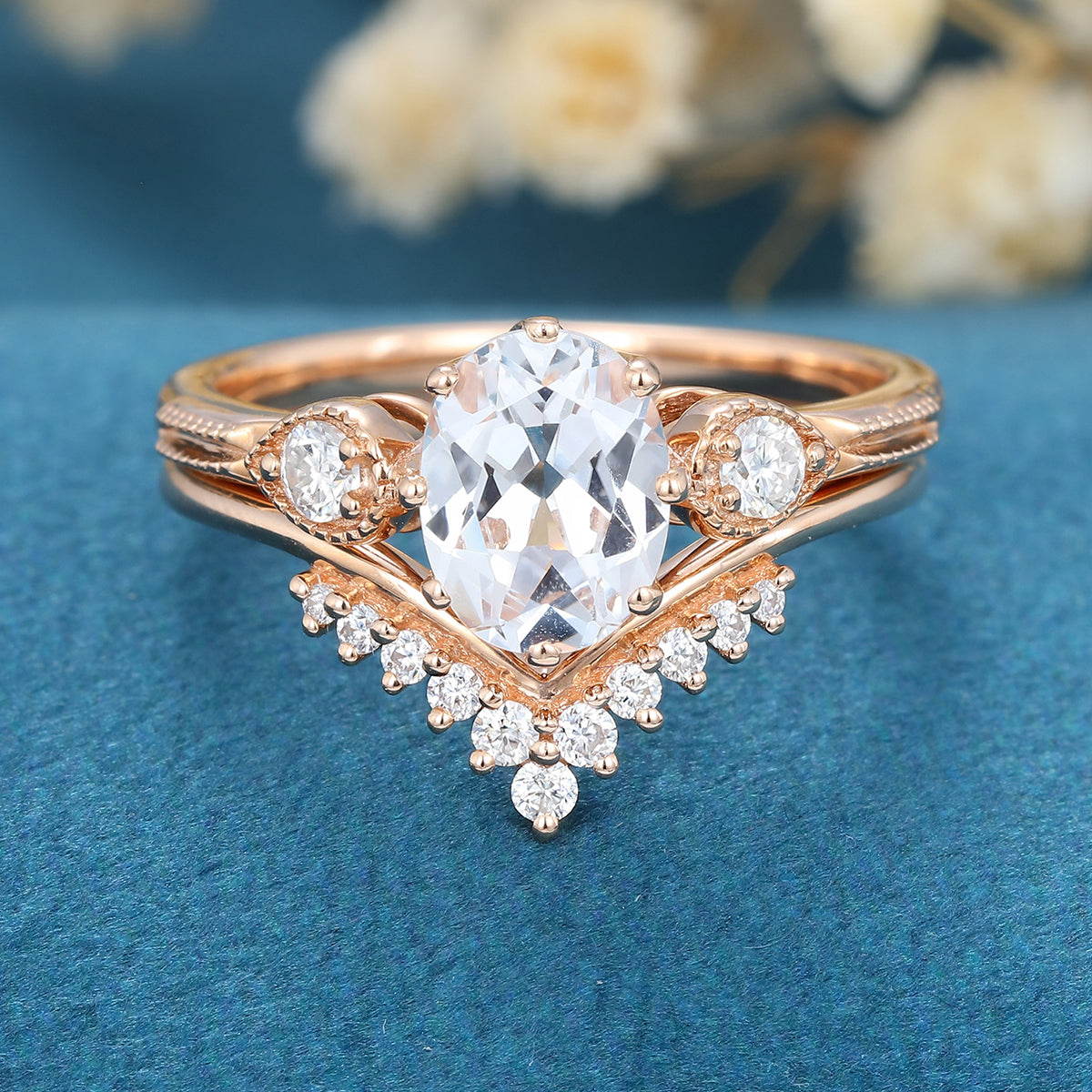 1.33 CT Oval Shaped Moissanite Three Stone Bridal Set