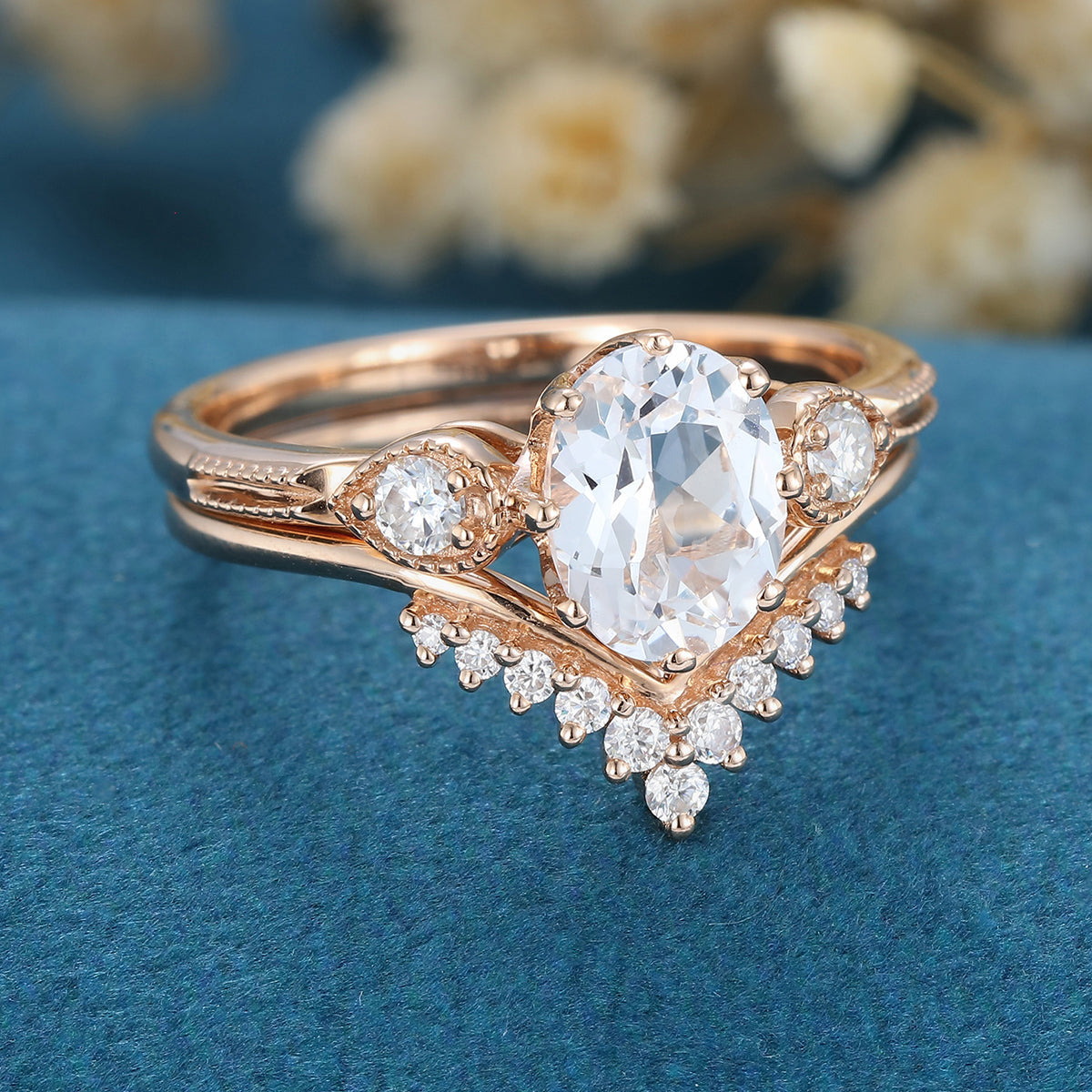 1.33 CT Oval Shaped Moissanite Three Stone Bridal Set