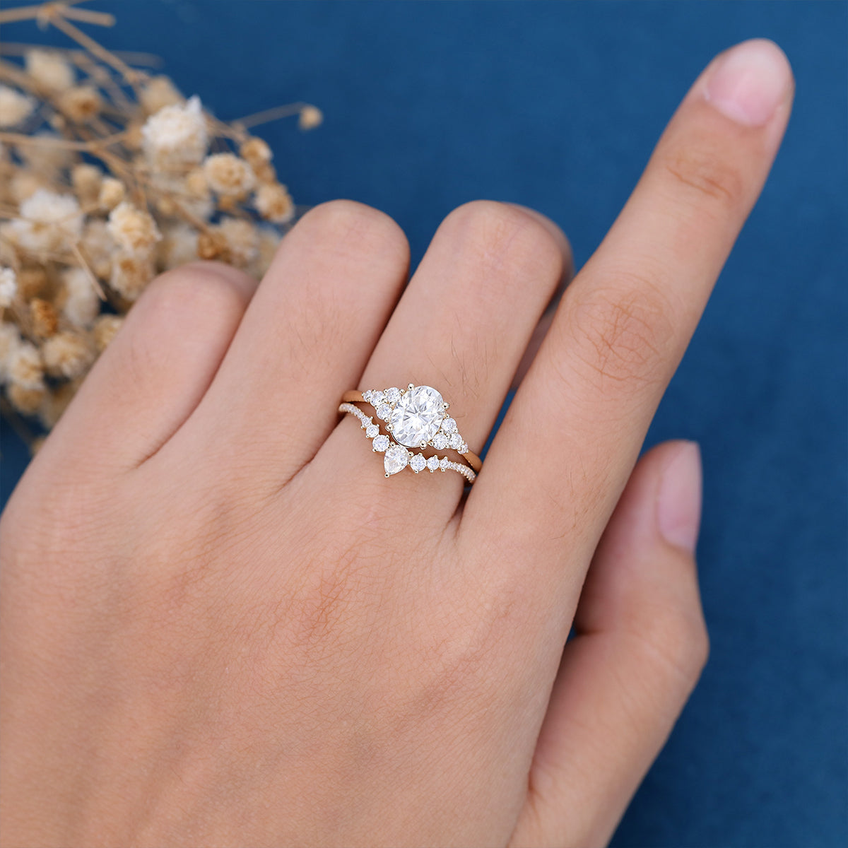 1.33 CT Oval Shaped Moissanite Cluster Bridal Set