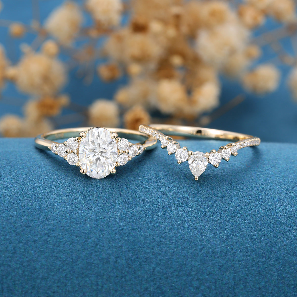 1.33 CT Oval Shaped Moissanite Cluster Bridal Set