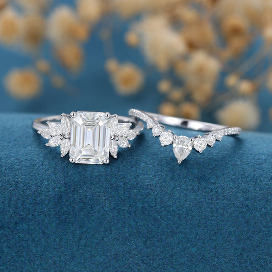 1.60 CT Emerald Shaped Moissanite Cluster Bridal Set