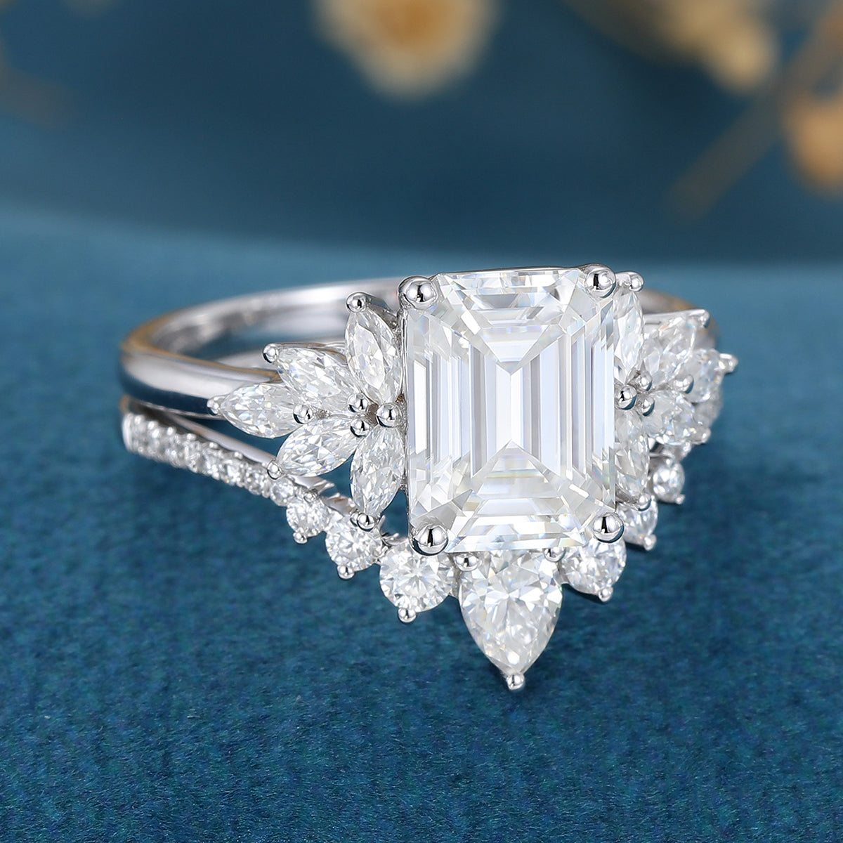 1.60 CT Emerald Shaped Moissanite Cluster Bridal Set